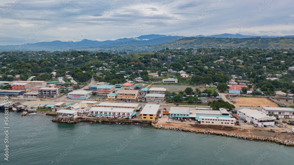 View of hotel infrastructure near the main coastal highway in Honiara.