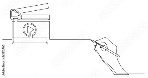 continuous line drawing vector illustration with FULLY EDITABLE STROKE of business concept sketch of movie production clapboard