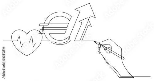 continuous line drawing vector illustration with FULLY EDITABLE STROKE of business concept sketch of rising cost of heart health in euro