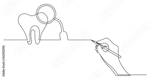 continuous line drawing vector illustration with FULLY EDITABLE STROKE of business concept sketch of tooth with dental tool
