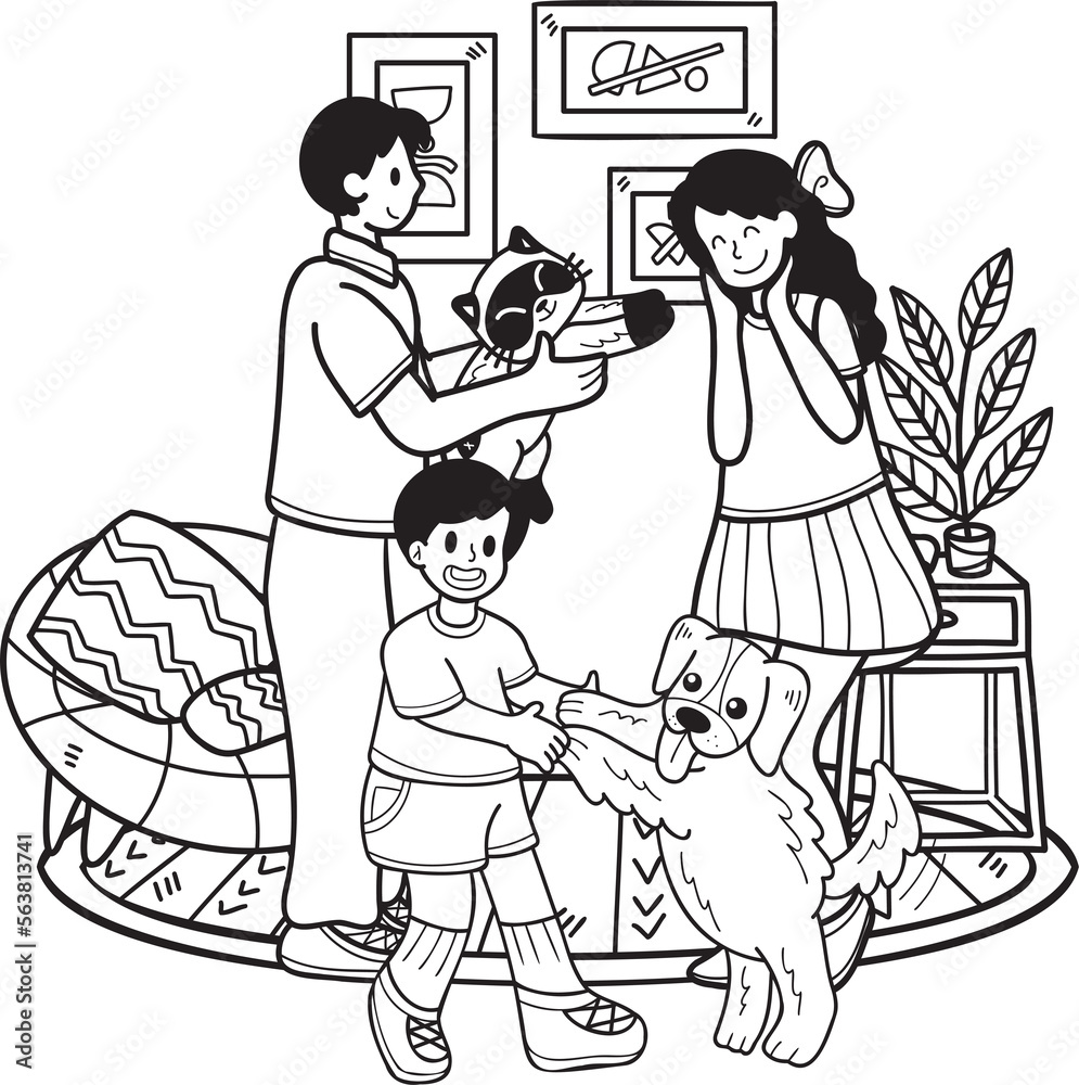 Hand Drawn Family playing with dog and cat in living room illustration in doodle style
