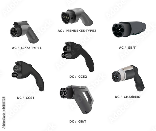 Electric vehicle charging connector types, EV plugs, vector illustration isolated on white background
