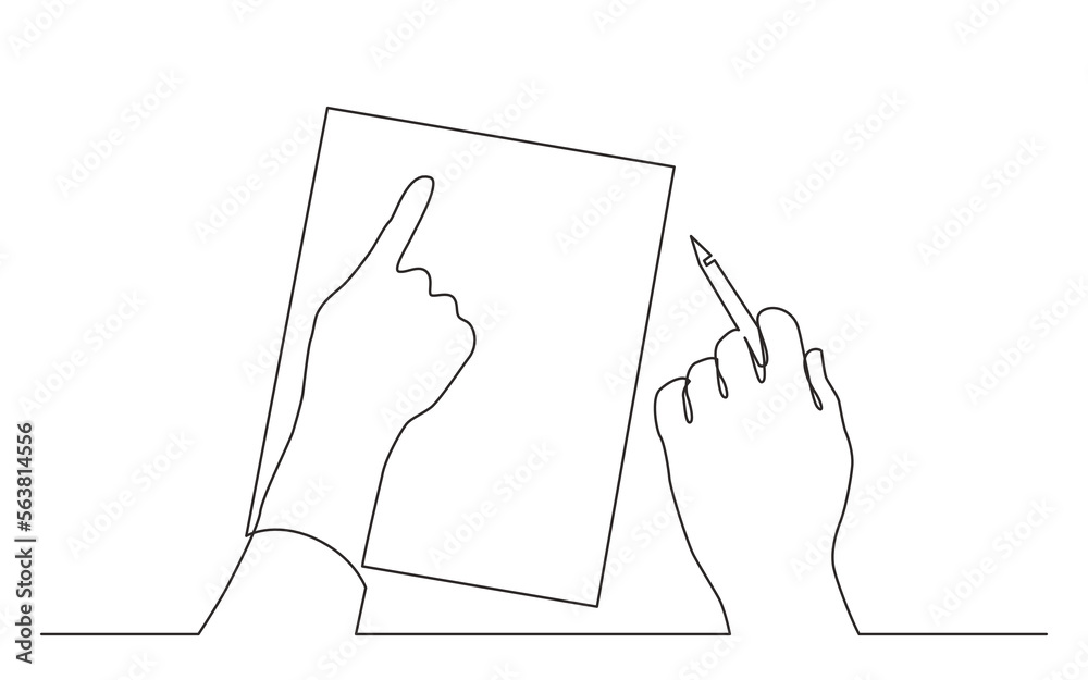 continuous line drawing vector illustration with FULLY EDITABLE STROKE of two hands pointing at blank piece of paper
