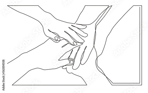 continuous line drawing vector illustration with FULLY EDITABLE STROKE of people team holding hands together