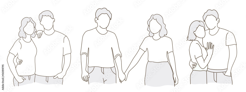 A young couple embraces, looks at each other. A guy and a girl in love with each other. A group of people. Vector line graphics, freehand drawing. A young couple embraces, looks at each other. A guy and a girl in love with each other. A group of people. Vector line graphics, freehand drawing.
