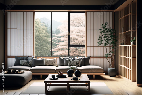 minimalist design living room japan style. Generative AI