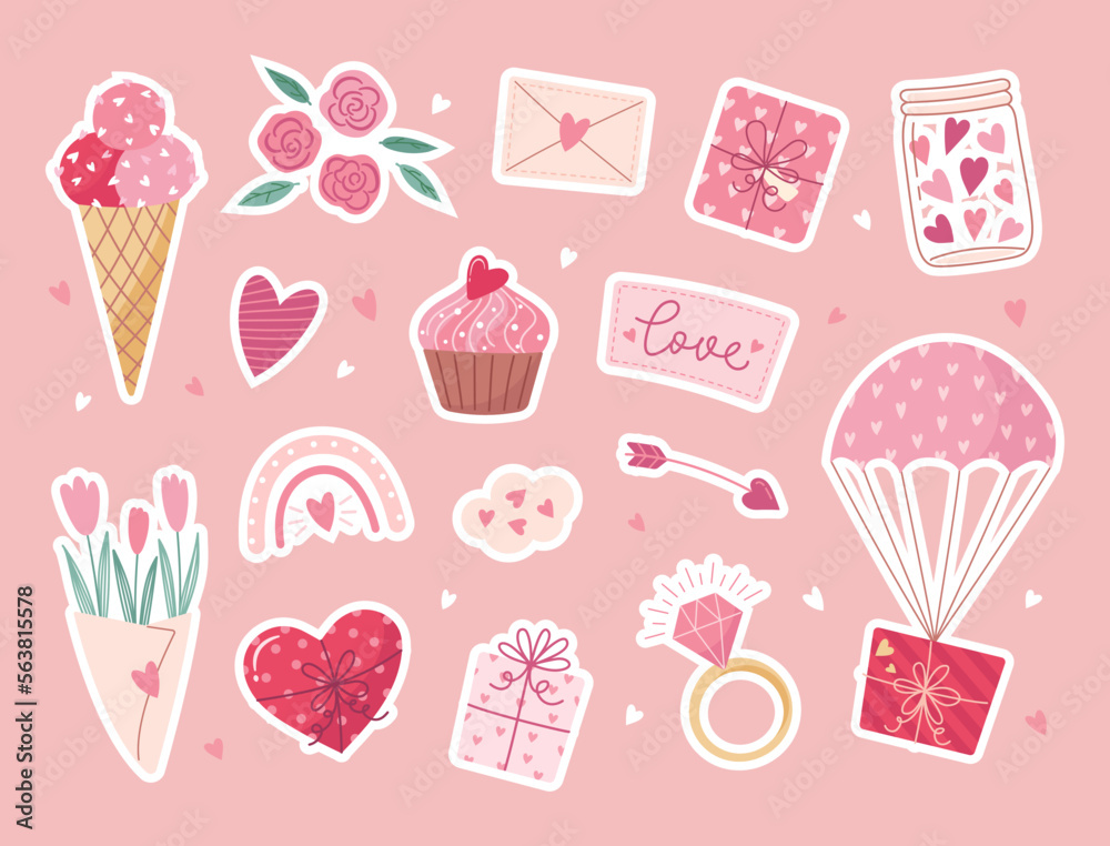 Valentine's day elements set. Gift, heart, balloon, flowers, cupcake, boucket, candy, and others for decorative. Stickers cartoon style. Vector illustration.