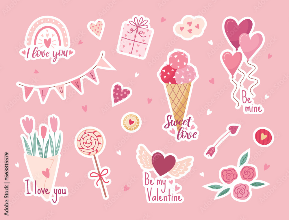 Valentine's day elements set. Gift, heart, balloon, flowers, cupcake, boucket, candy, and others for decorative. Stickers cartoon style. Vector illustration. Valentine's day elements set. Gift, heart, balloon, flowers, cupcake, boucket, candy, and others for decorative. Stickers cartoon style. Vector illustration.