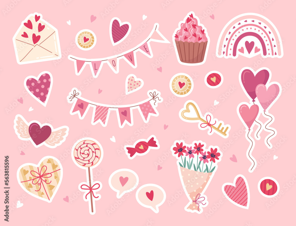 Valentine's day stickers set. Gift, heart, balloon, flowers, boho rainbow, cupcake, boucket, candy, and others for decorative elements. Flat cartoon style. Vector illustration.