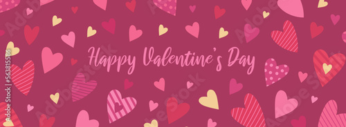 Happy Valentine's Day horizontal banner or card. Romantic background with red, pink and gold hearts. Modern flat style for decor, greetings, print, web.