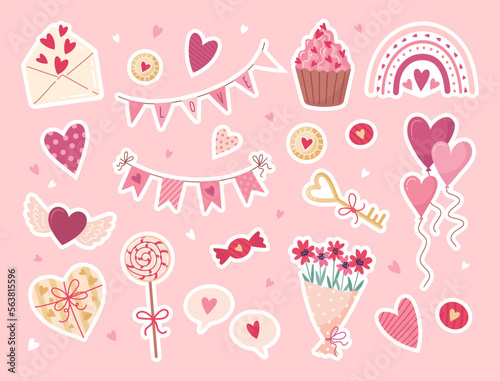 Valentine's day stickers set. Gift, heart, balloon, flowers, boho rainbow, cupcake, boucket, candy, and others for decorative elements. Flat cartoon style. Vector illustration. © Anna Bova