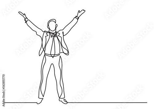 continuous line drawing vector illustration with FULLY EDITABLE STROKE of business person raising hands to heaven