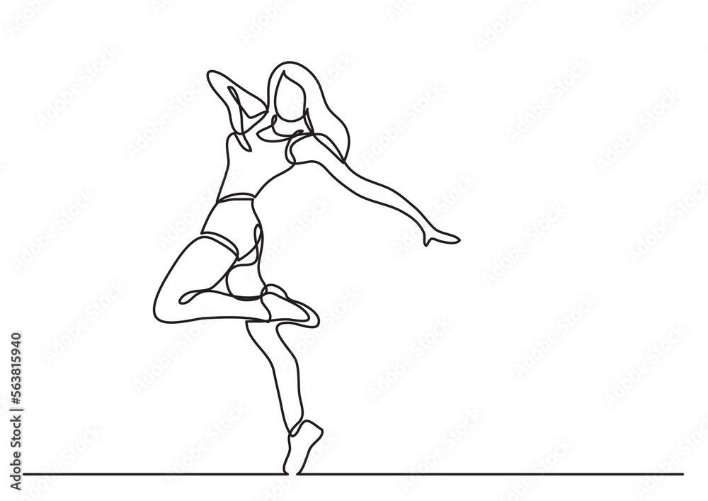 continuous line drawing vector illustration with FULLY EDITABLE STROKE of happy fitness woman