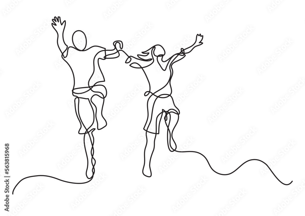 continuous line drawing vector illustration with FULLY EDITABLE STROKE of happy jumping couple