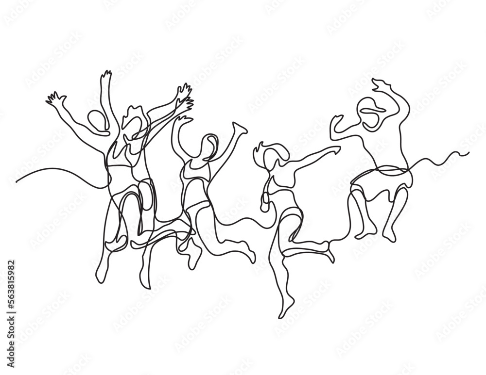 continuous line drawing vector illustration with FULLY EDITABLE STROKE of happy jumping guys