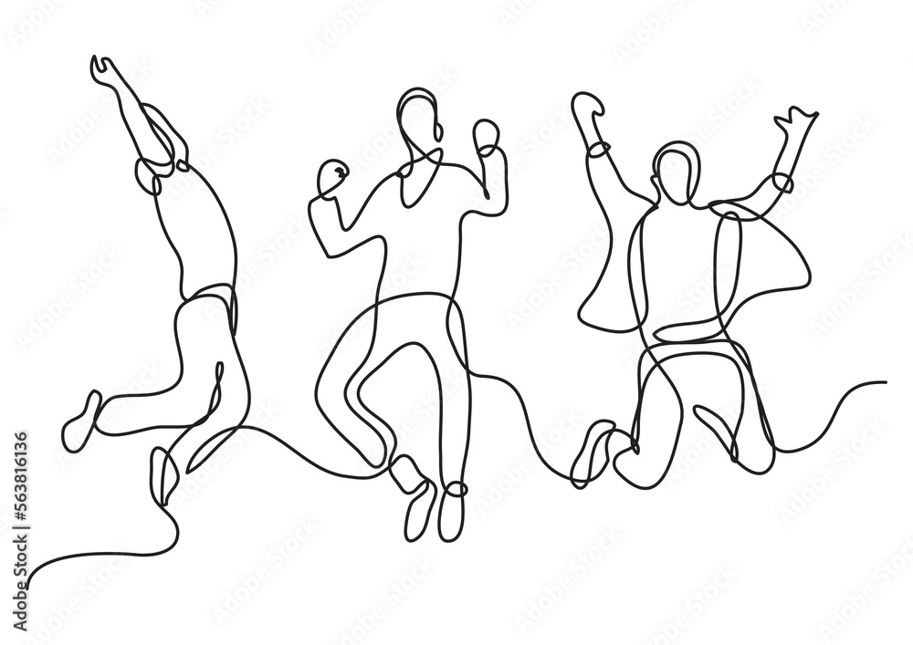 continuous line drawing vector illustration with FULLY EDITABLE STROKE of jumping team young men - obrazy, fototapety, plakaty 