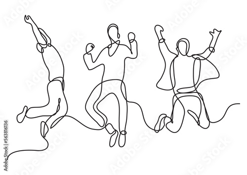 continuous line drawing vector illustration with FULLY EDITABLE STROKE of jumping team young men
