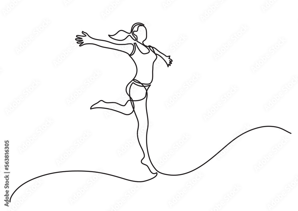 continuous line happy woman running with open arms