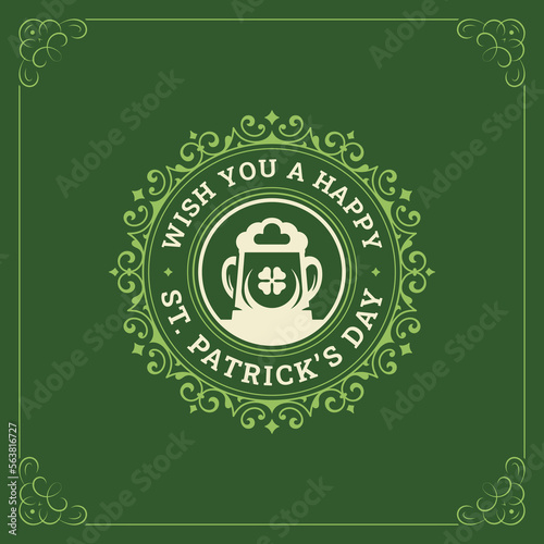 Happy St Patrick's Day lucky clover beer mug vintage greeting card template vector flat illustration