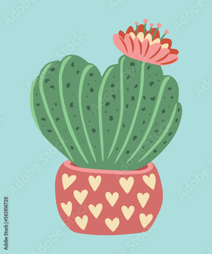 Flat cactus with flower. Сactus with flower with shape of heart in pot. Сan be used for greeting cards, invitations, stickers and prints. Illustration for birthday and valentine's.