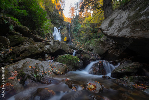 Large waterfall in the depths of the forest. View of waterfall flowing in green nature. Oylat waterfalls, Uludag mountain, Bursa city. Turkey photo
