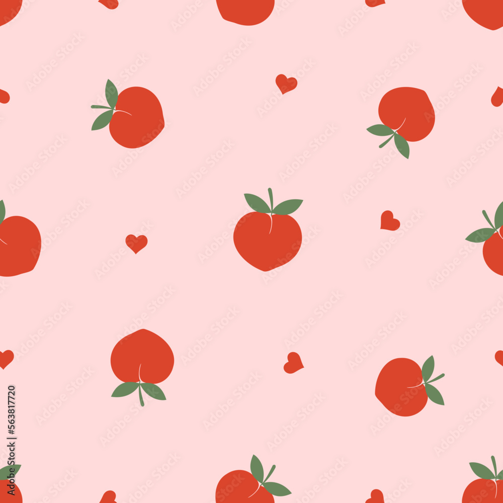 Seamless pattern with red peach fruit with green leaves and hearts on pink background vector illustration. Seamless pattern with red peach fruit with green leaves and hearts on pink background vector illustration.