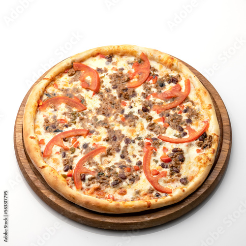 Pizza with minced meat, pepper and cheese on white background. Pizza on wooden board. Serving the dish. View from above. 