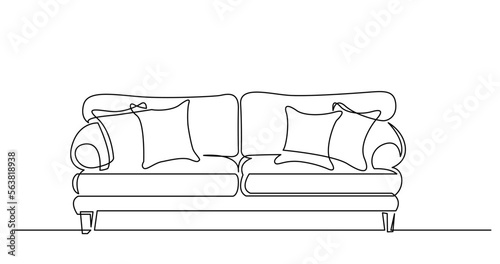 continuous line drawing vector illustration with FULLY EDITABLE STROKE of big comfortable couch with cushions