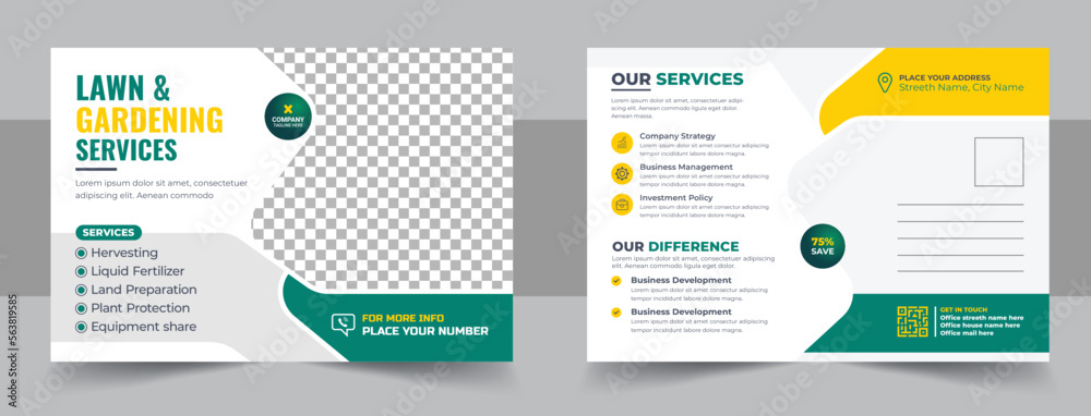Lawn Mower Garden or Landscaping Service Postcard Template or Agro Firm Eddm Postcard Design, every door direct mail landscaping lawn care postcard, lawn care Service postcard flyer template
