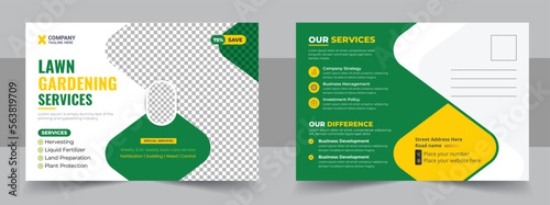 Creative postcard EDDM design template, every door direct mail landscaping lawn care postcard, best lawn care Service postcard template, cleaning lawn mowing garden postcard flyer layout photo