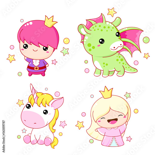 Set of kawaii fairy tale characters. Little princess, prince, unicorn and dragon. Cute fairytale collection of funny happy baby characters. Vector illustration EPS8
