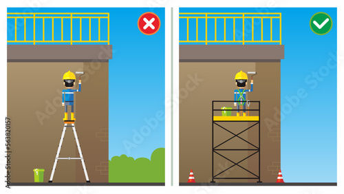 Workplace safety do's and dont's vector illustration. Improper working platform. Worker stand on uppermost ladder. Use scaffolding. Falling hazard. Unsafe work condition and act.