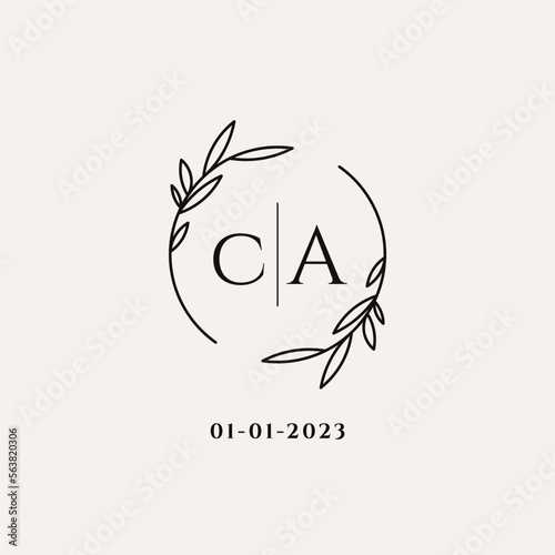 Letter CA wedding monogram logo design with simple natural circle leaf frame