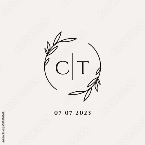 Letter CT wedding monogram logo design with simple natural circle leaf frame
