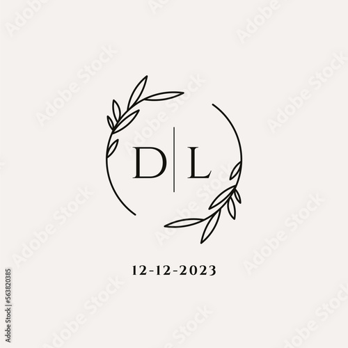 Letter DL wedding monogram logo design with simple natural circle leaf frame