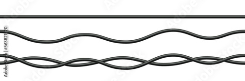 Realistic electrical wires. Cable power energy. Flexible thick network cord. Black electric computer connection wires. Seamless line cable. Vector illustration on white background.
