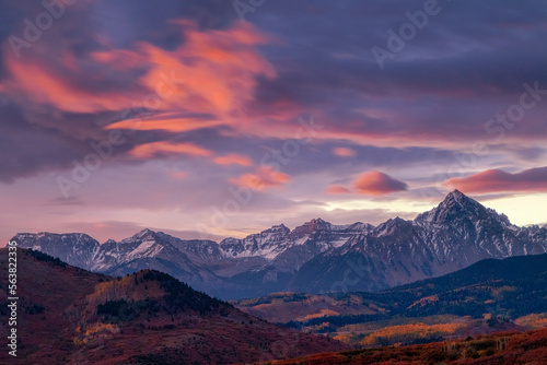 Vibrant sunrise over Moun t Sneffels seen from the Dallas Divide in Colorado's San Juan Mountains