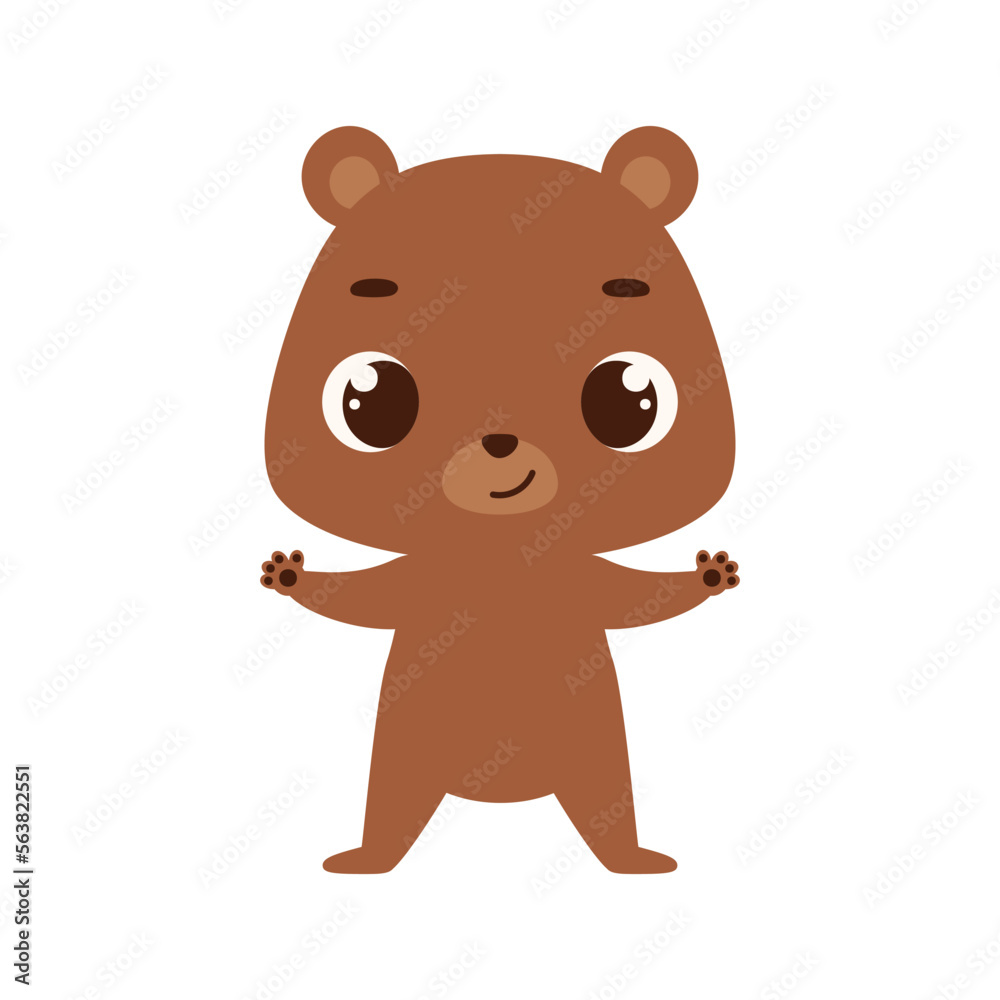 Cute little bear on white background. Cartoon animal character for kids cards, baby shower, invitation, poster, t-shirt composition, house interior. Vector stock illustration Cute little bear on white background. Cartoon animal character for kids cards, baby shower, invitation, poster, t-shirt composition, house interior. Vector stock illustration