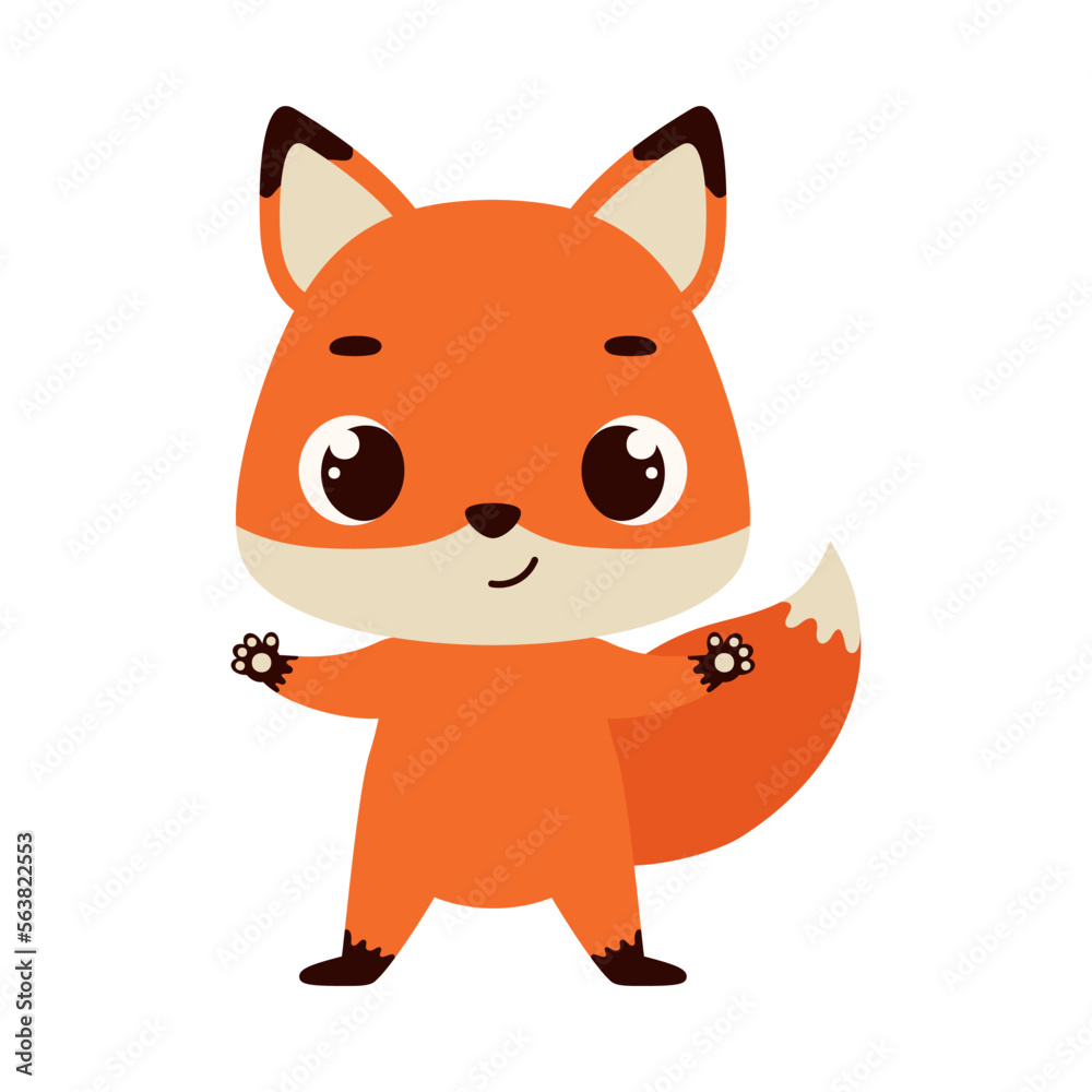Cute little fox on white background. Cartoon animal character for kids cards, baby shower, invitation, poster, t-shirt composition, house interior. Vector stock illustration Cute little fox on white background. Cartoon animal character for kids cards, baby shower, invitation, poster, t-shirt composition, house interior. Vector stock illustration
