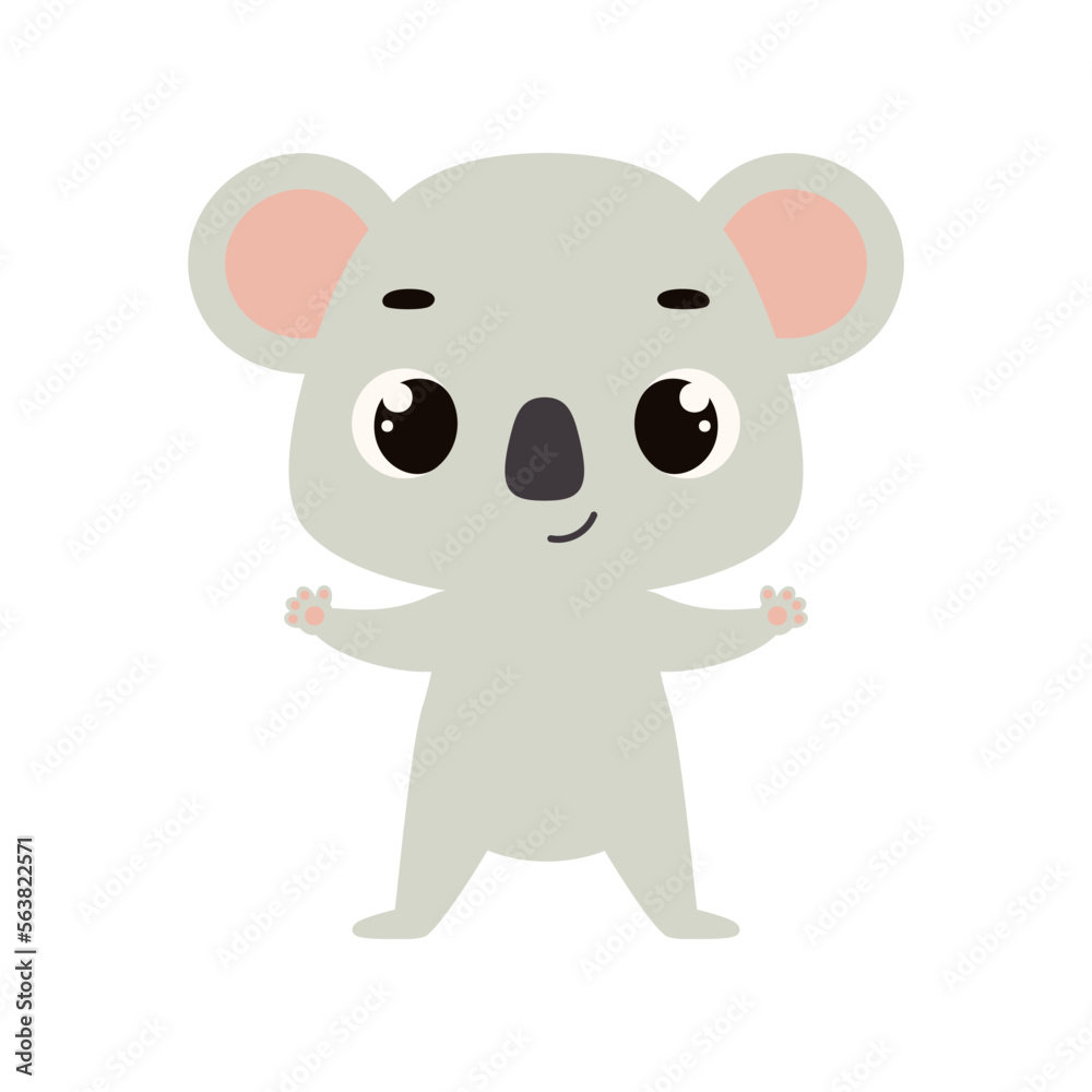 Cute little koala on white background. Cartoon animal character for kids cards, baby shower, invitation, poster, t-shirt composition, house interior. Vector stock illustration