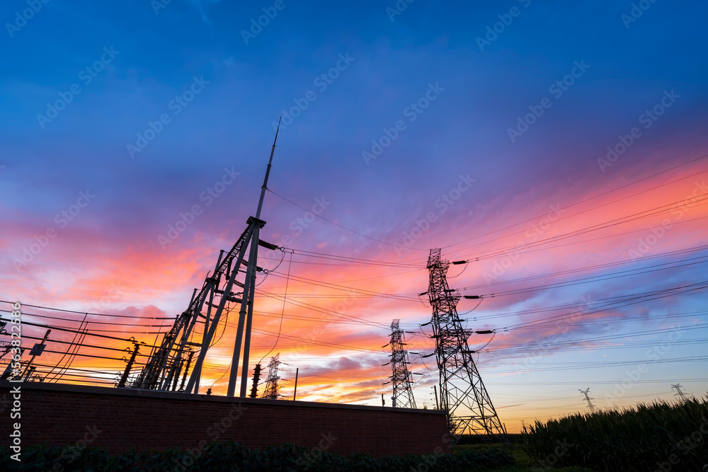 Substation in the evening, High voltage substation and beautiful sunset glow