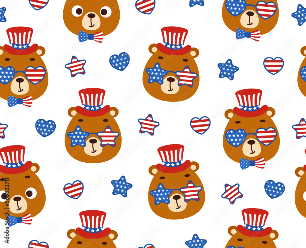 Cute little bear head in USA patriotic hat seamless childish pattern. Funny cartoon animal character for fabric, wrapping, textile, wallpaper, apparel. Vector illustration Cute little bear head in USA patriotic hat seamless childish pattern. Funny cartoon animal character for fabric, wrapping, textile, wallpaper, apparel. Vector illustration