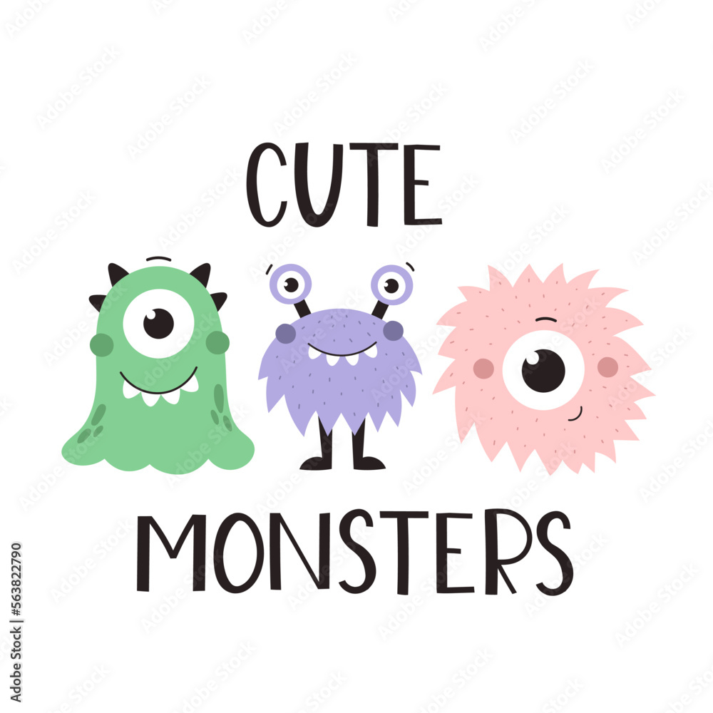 cute monsters. Cartoon monsters, hand drawing lettering. flat
