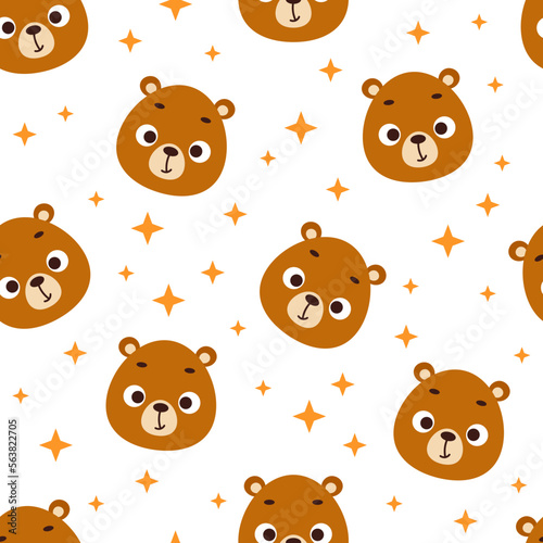 Cute little bear head seamless childish pattern. Funny cartoon animal character for fabric, wrapping, textile, wallpaper, apparel. Vector illustration