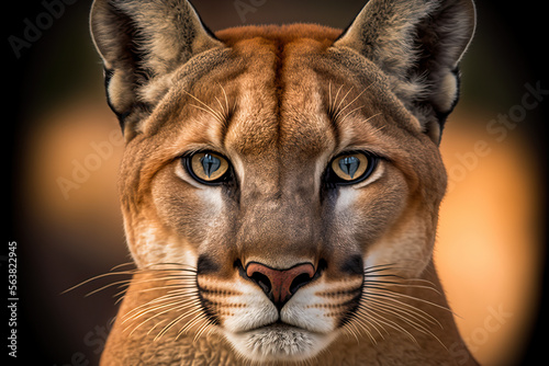 Сlose up portrait of a Puma. Cougar (Puma concolor), puma, mountain lion, panther, or catamount. Post-processed generative AI