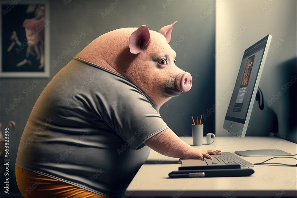 A Fat Pig Is Sitting At The Office Table In Front Of A Computer