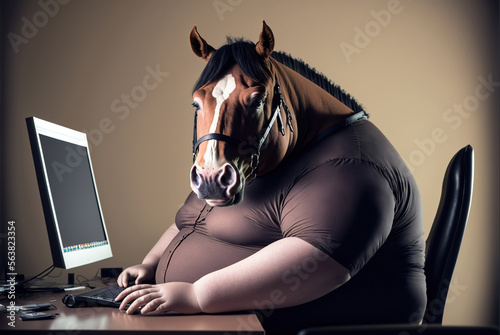 A fat horse is sitting at the office table in front of a computer. Sedentary lifestyle concept, generative ai