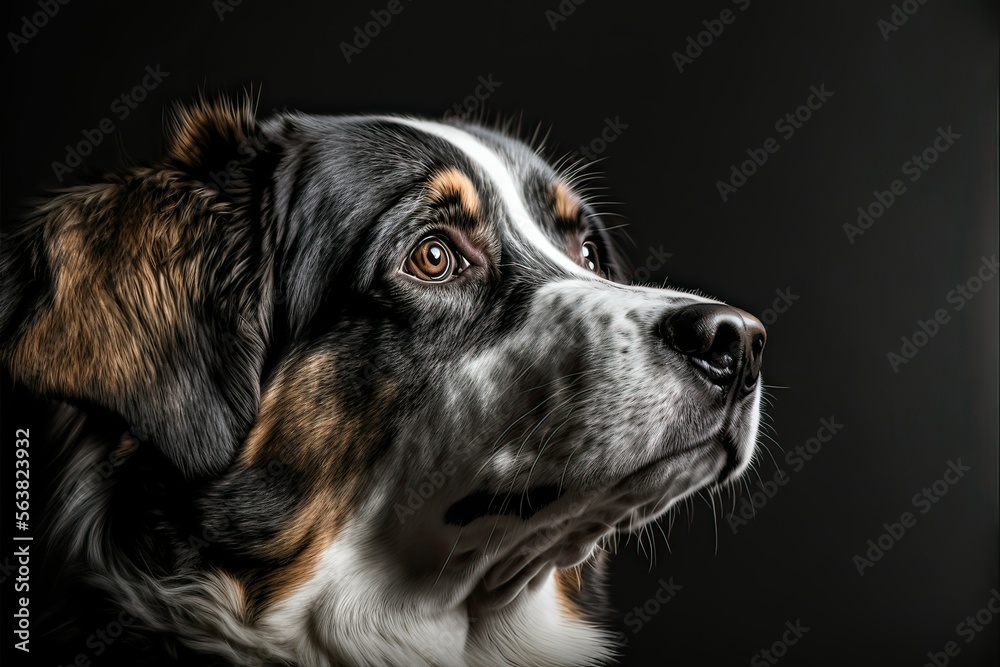 Fototapeta premium Dog looking away against black background (Ai generated)