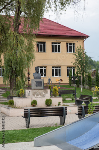 the bronze statue of Demian Nechiti, Ilva Mica ,courtyard of the high school "Demian Nechiti", Bistrita, Romania 2022