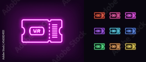Outline neon ticket icon set. Glowing neon ticket frame with VR glasses sign, virtual reality cinema. Digital pass for gaming metaverse event, discount coupon for VR games.